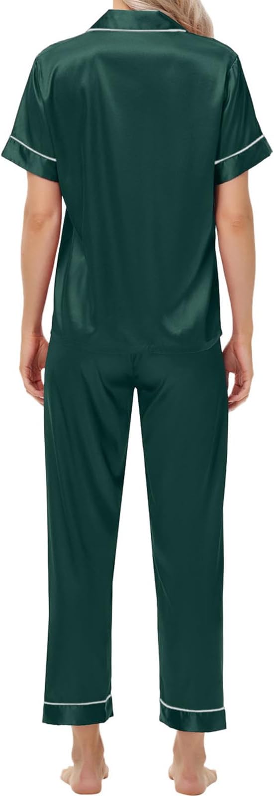 Women's Satin Pajama Set Short Sleeve Silk Top and Pants Set Classic Button Down 2-Piece Sleepwear Loungewear