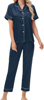 Women's Satin Pajama Set Short Sleeve Silk Top and Pants Set Classic Button Down 2-Piece Sleepwear Loungewear