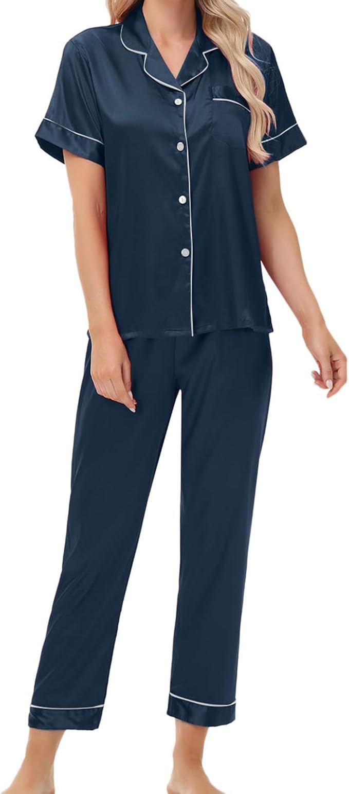 Women's Satin Pajama Set Short Sleeve Silk Top and Pants Set Classic Button Down 2-Piece Sleepwear Loungewear