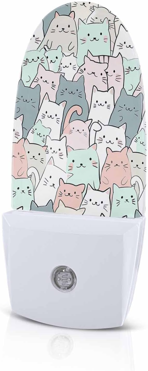 Night Light Plug into Wall, Cats Animals Lines Cute Peach Gray White Pale Turquoise Popsicle Shape Night Light LED Nightlight with Light Sensors for Kids Bedroom Hallway