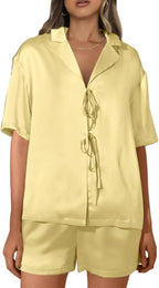 CHYRII Women's Silk Satin Pajamas Sets Tie Front Short Sleeve Tops and Shorts Two Piece Pj Sets Sleepwear
