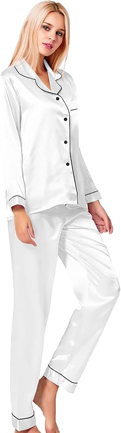SWOMOG Womens Silk Satin Pajamas Set Long Sleeve Button Down Sleepwear 2 Piece Lounge Set Pj Set XS-3XL