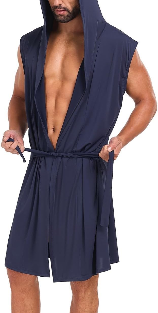 VintageClothing Men's Summer Robe with Hooded Lightweight Bathrobe House Kimono Sleeveless Sexy Sleepwear Pajamas