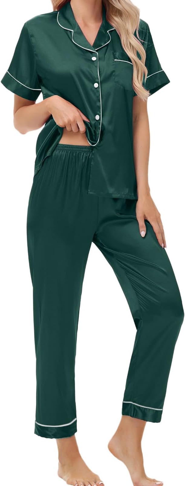 Women's Satin Pajama Set Short Sleeve Silk Top and Pants Set Classic Button Down 2-Piece Sleepwear Loungewear
