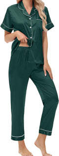 Women's Satin Pajama Set Short Sleeve Silk Top and Pants Set Classic Button Down 2-Piece Sleepwear Loungewear