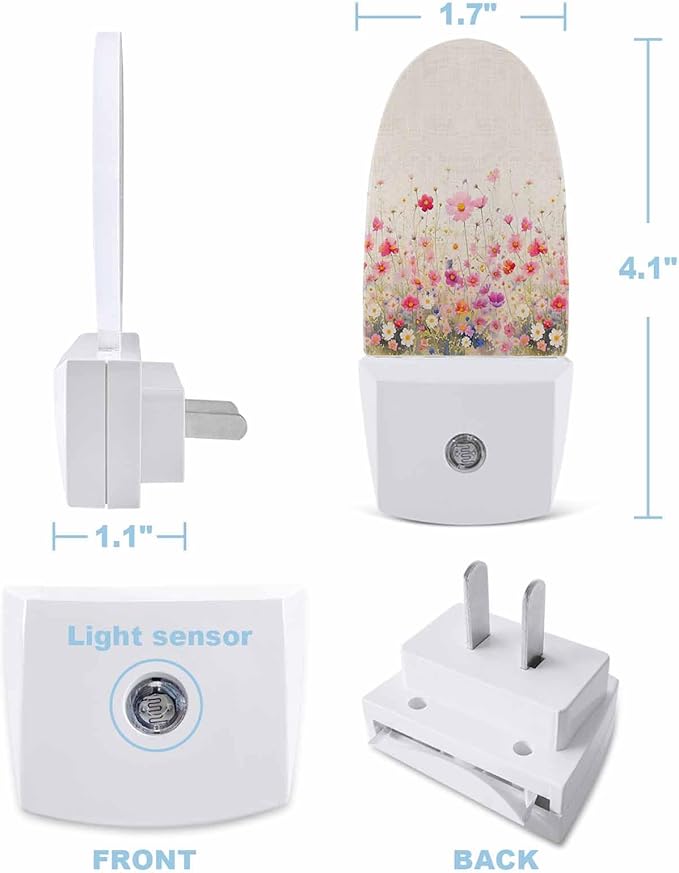Night Light Plug into Wall, Spring Summer Peach Red Purple White Floral Flower Leaf Country Beige Popsicle Shape Night Light LED Nightlight with Light Sensors for Kids Bedroom Hallway