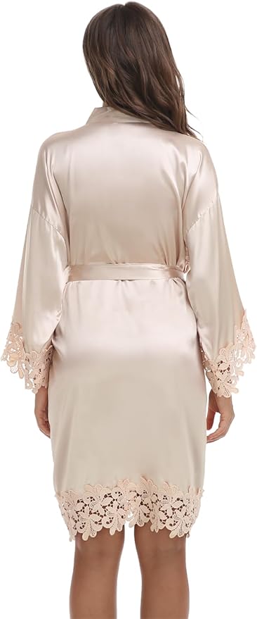 Womens Short Satin Robe Lace Trim Silk Kimono Sleepwear Bridesmaid Robes for Bride Wedding Party Nightgown