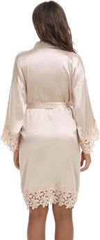 Womens Short Satin Robe Lace Trim Silk Kimono Sleepwear Bridesmaid Robes for Bride Wedding Party Nightgown
