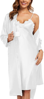 BestWendding Women's Silk Robe Set 2 Pieces Pajamas Sets Sexy Soft Satin Robe with V Neck Camisole Lingerie Nightgown