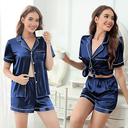Silk Pajamas for Women Satin Womens PJ Set 2 Piece Short Lounge Set Summer Sleepwear Notch Collar Button-Down Pjs