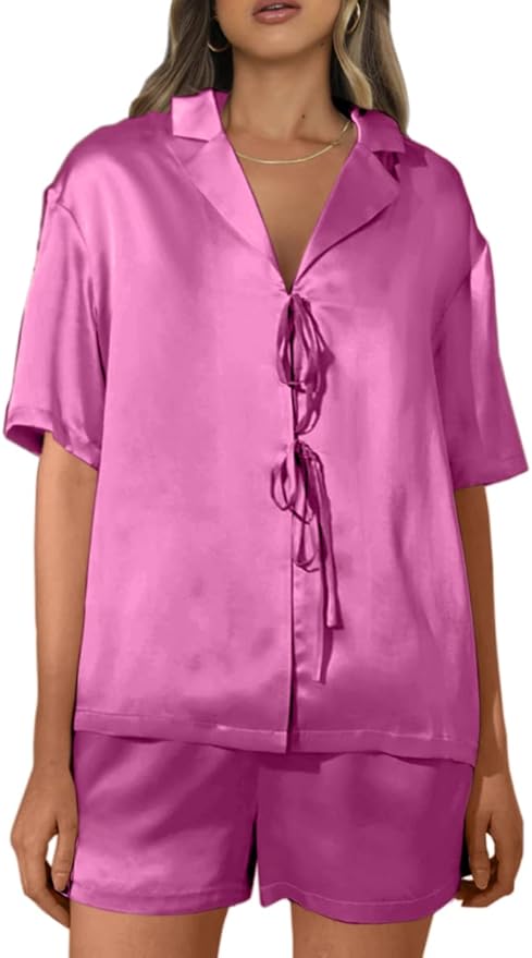 CHYRII Women's Silk Satin Pajamas Sets Tie Front Short Sleeve Tops and Shorts Two Piece Pj Sets Sleepwear