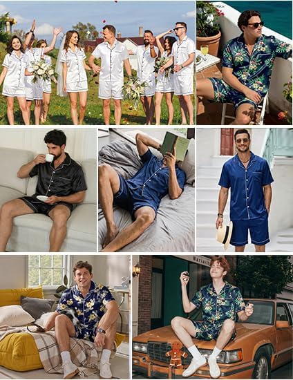 Ekouaer Mens Pajamas Set Silk Satin Sleepwear Short Sleeve Button Down Pjs Set 2 Piece Loungewear with Pockets S-XXL