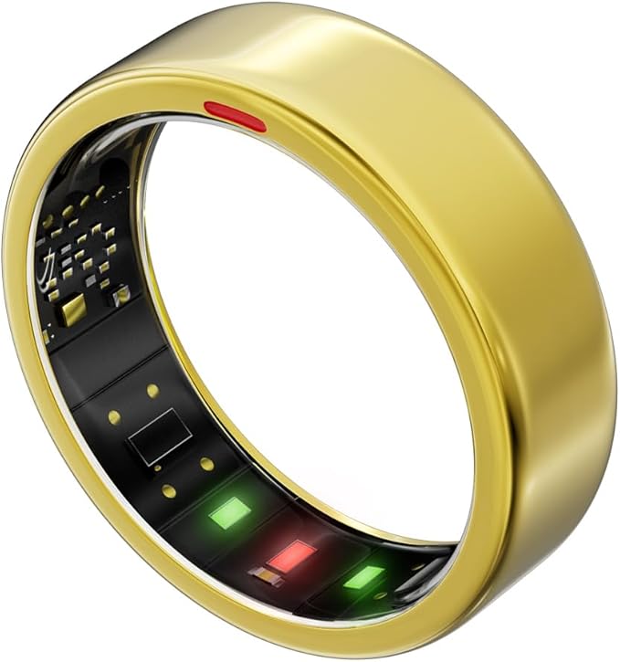 POBOVi Smart Ring for Women Men- Sleep/Fitness/Stress/Heart Rate Tracker- Menstrual Records - 7 Days Battery Life - Wireless Charging - No APP Subscription - iOS & Android Compatible (Gold, Size 8)