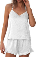 CHYRII Women's Sexy Silk Satin Ruffled Pajamas Sets Cami Shorts Sets Sleepwear
