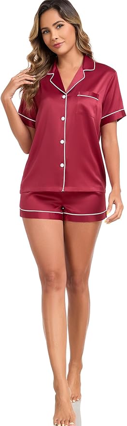 Serenedelicacy Women's Satin Pajama Set 2-Piece Sleepwear Loungewear Button Down Short Sleeve Silky PJ Set