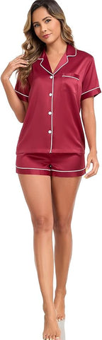 Serenedelicacy Women's Satin Pajama Set 2-Piece Sleepwear Loungewear Button Down Short Sleeve Silky PJ Set
