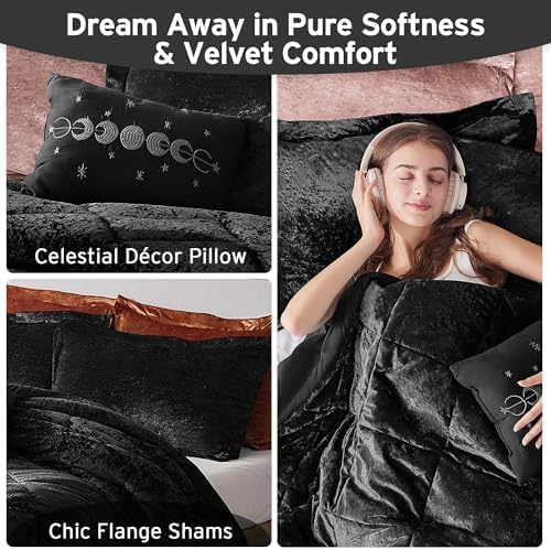 Intelligent Design Twin Comforter Set, Velvet Comforter Set , Luxury Diamond Quilting Comforter Set, Fluffy Comforter Bed Set with Decorative Pillowand 1 Sham, 3 Piece Black, Twin/Twin XL