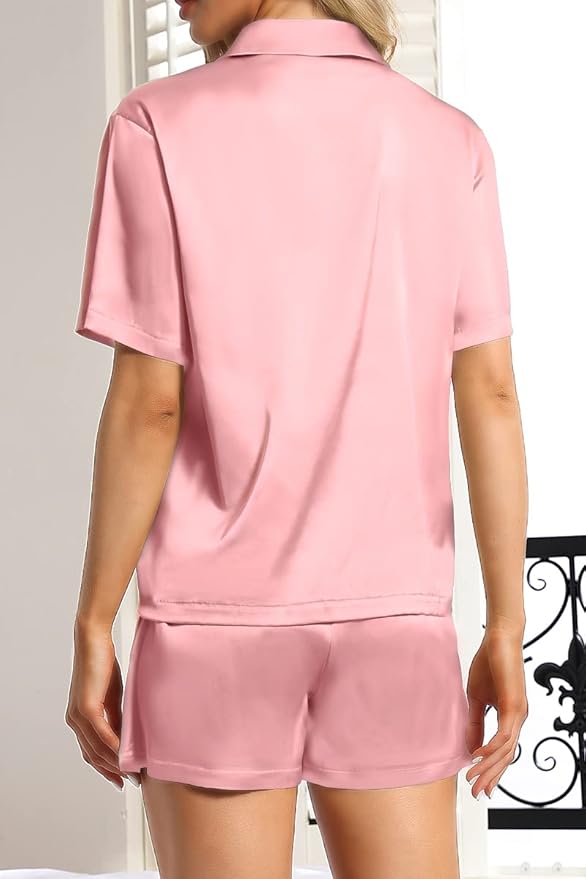 CHYRII Women's Silk Satin Pajamas Sets Tie Front Short Sleeve Tops and Shorts Two Piece Pj Sets Sleepwear