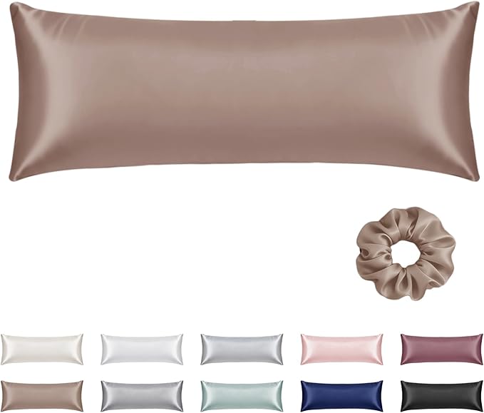 Vielit Satin Body Pillow Pillowcase 1pc,Silky Body Pillow Cover Similar to Silk Pillow Cases Soft Body Pillow Case 20x54 & Envelope Closure,Gift for Women Men Light Brown & 1 Satin Scunchie