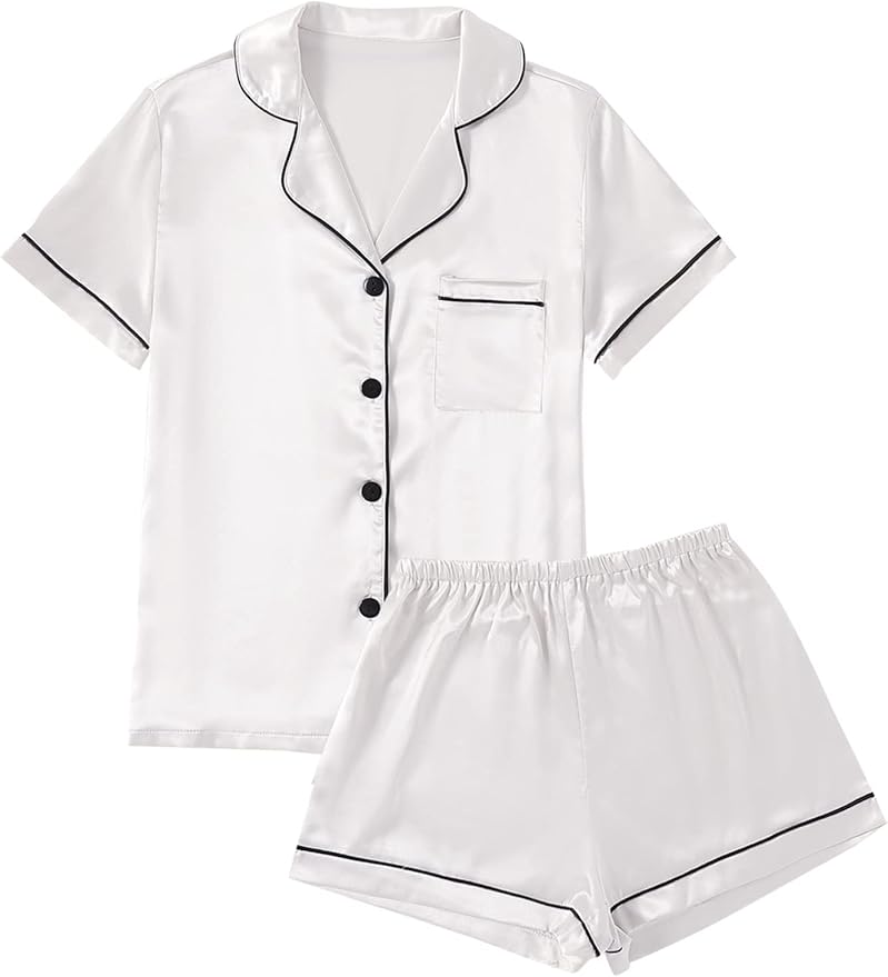 LYANER Women's Silky Satin Pajamas Set Short Sleeve Button Down Shirt With Shorts Pjs Set Sleepwear