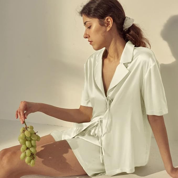 CHYRII Women's Silk Satin Pajamas Sets Tie Front Short Sleeve Tops and Shorts Two Piece Pj Sets Sleepwear