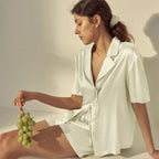 CHYRII Women's Silk Satin Pajamas Sets Tie Front Short Sleeve Tops and Shorts Two Piece Pj Sets Sleepwear
