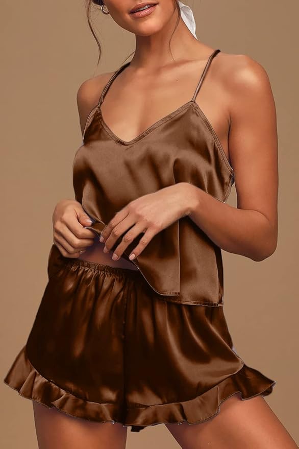 CHYRII Women's Sexy Silk Satin Ruffled Pajamas Sets Cami Shorts Sets Sleepwear