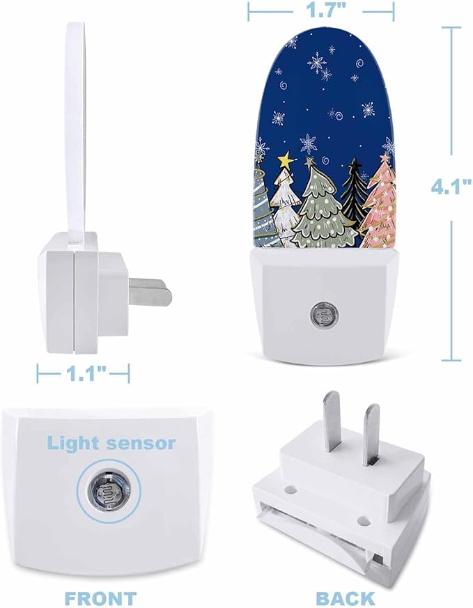 Night Light Plug into Wall, Christmas Winter Pine Trees Stars Snowflakes Sage Green White Peach Black Blue Popsicle Shape Night Light LED Nightlight with Light Sensors for Kids Bedroom Hallway