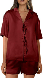 CHYRII Women's Silk Satin Pajamas Sets Tie Front Short Sleeve Tops and Shorts Two Piece Pj Sets Sleepwear