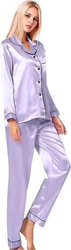 SWOMOG Womens Silk Satin Pajamas Set Long Sleeve Button Down Sleepwear 2 Piece Lounge Set Pj Set XS-3XL