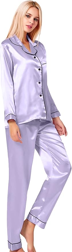 SWOMOG Womens Silk Satin Pajamas Set Long Sleeve Button Down Sleepwear 2 Piece Lounge Set Pj Set XS-3XL