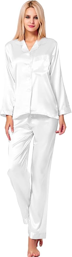 SWOMOG Long Sleeve Pajamas Set Silk Satin Sleepwear Button Down Pjs Loungewear with Pocket