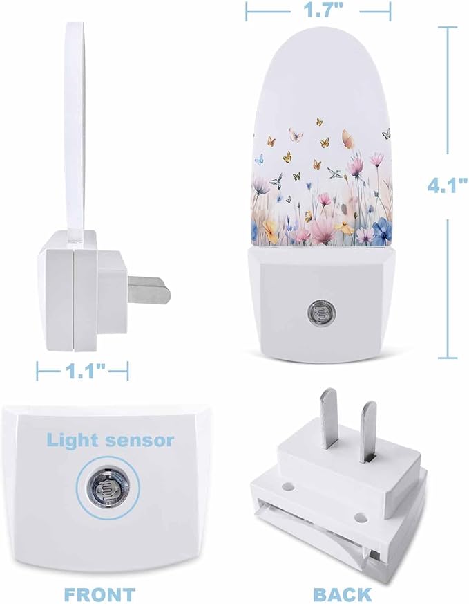 Night Light Plug into Wall, Spring Summer Flowers Floral Butterflies Birds Blue Yellow Peach Light Purple Popsicle Shape Night Light LED Nightlight with Light Sensors for Kids Bedroom Hallway