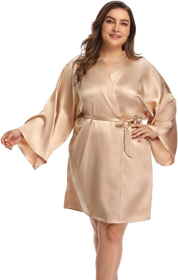 Women's Plus Size Short Satin Kimono Robes Sleepwear Bathrobes Silky Dressing Gown