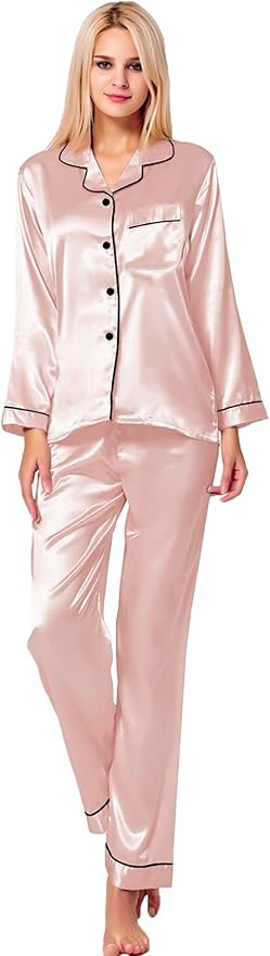 SWOMOG Womens Silk Satin Pajamas Set Long Sleeve Button Down Sleepwear 2 Piece Lounge Set Pj Set XS-3XL