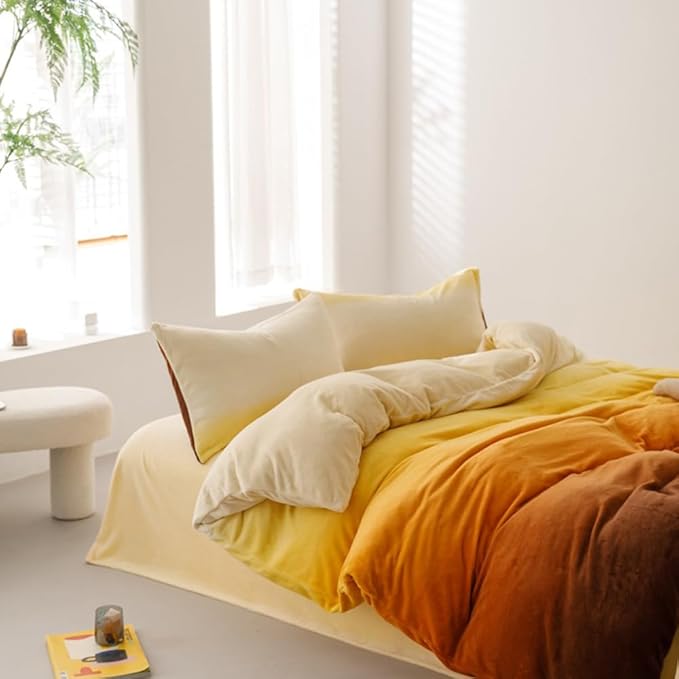 CLOTHKNOW Orange Yellow Queen Comforter Set Velvet Bedding Sets Dark Yellow Queen Comforter Soft Caramel Comforter Sets Queen