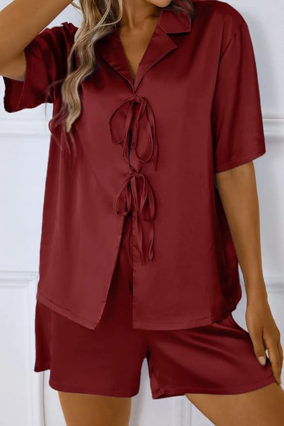CHYRII Women's Silk Satin Pajamas Sets Tie Front Short Sleeve Tops and Shorts Two Piece Pj Sets Sleepwear