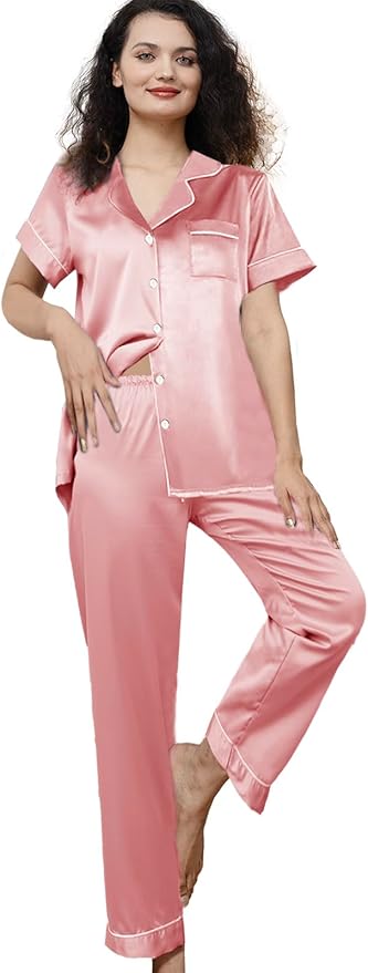WJing Yi Jia Womens Pajamas Set XS-4XL Floral Silk Satin Pajama Sets Silky Pj Sets 2Pcs Loungewear Sleepwear Button Down Pjs