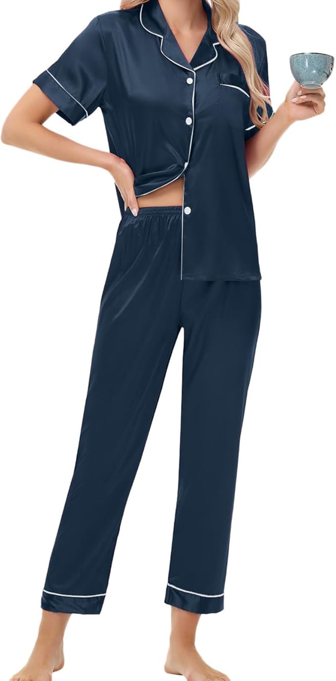 Women's Satin Pajama Set Short Sleeve Silk Top and Pants Set Classic Button Down 2-Piece Sleepwear Loungewear