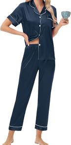 Women's Satin Pajama Set Short Sleeve Silk Top and Pants Set Classic Button Down 2-Piece Sleepwear Loungewear