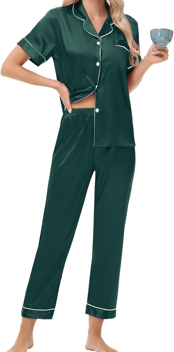 Women's Satin Pajama Set Short Sleeve Silk Top and Pants Set Classic Button Down 2-Piece Sleepwear Loungewear