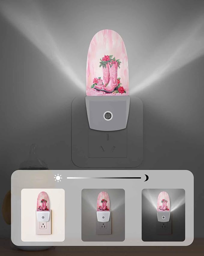 Night Light Plug into Wall, Xmas Western Peach Cowboy Boots Poinsettia Flower Leaf Berry Watercolor Vintage Popsicle Shape Night Light LED Nightlight with Light Sensors for Kids Bedroom Hallway