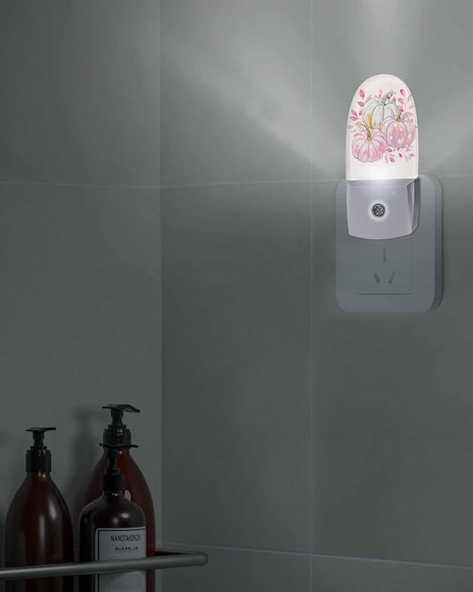 Night Light Plug into Wall, Fall Thanksgiving Day Peach Gray Pumpkins Botanical Leaves Hand Painted Beige Popsicle Shape Night Light LED Nightlight with Light Sensors for Kids Bedroom Hallway