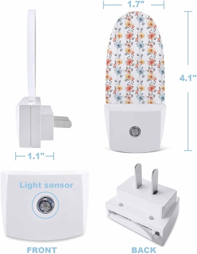 Night Light Plug into Wall, Spring Summer Floral Flowers Leaves Peach Yellow Light Blue Grey White Popsicle Shape Night Light LED Nightlight with Light Sensors for Kids Bedroom Hallway