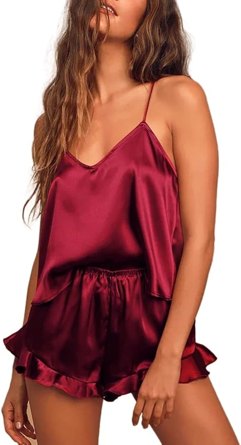CHYRII Women's Sexy Silk Satin Ruffled Pajamas Sets Cami Shorts Sets Sleepwear