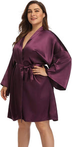 Women's Plus Size Short Satin Kimono Robes Sleepwear Bathrobes Silky Dressing Gown
