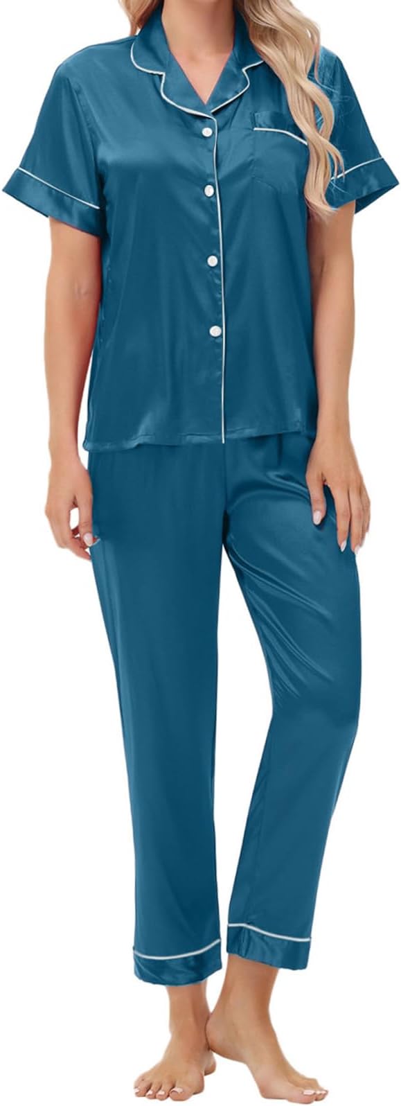 Women's Satin Pajama Set Short Sleeve Silk Top and Pants Set Classic Button Down 2-Piece Sleepwear Loungewear