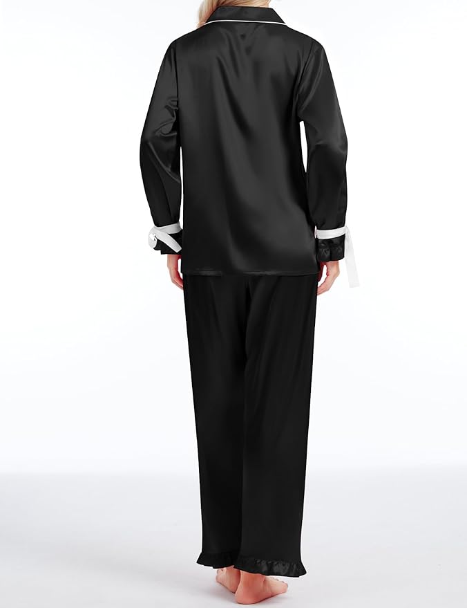 SWOMOG Womens Silk Satin Pajamas Set Long Sleeve Button Down Sleepwear 2 Piece Lounge Set Pj Set XS-3XL