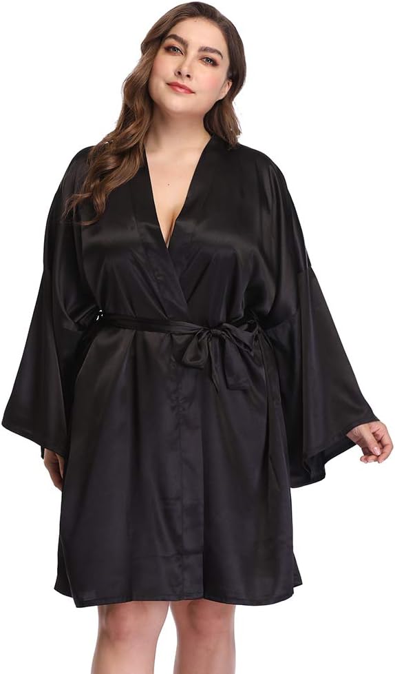 Women's Plus Size Short Satin Kimono Robes Sleepwear Bathrobes Silky Dressing Gown