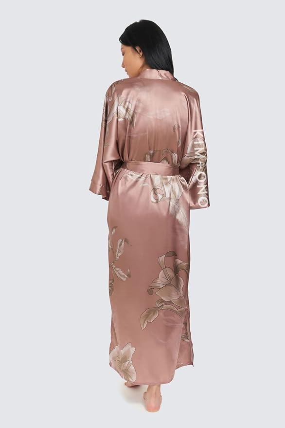 KIM+ONO Plus Size Luxury Kimono Robe for Women | Long Satin Floral Robe | Original Design | Removable Waist Tie Closure